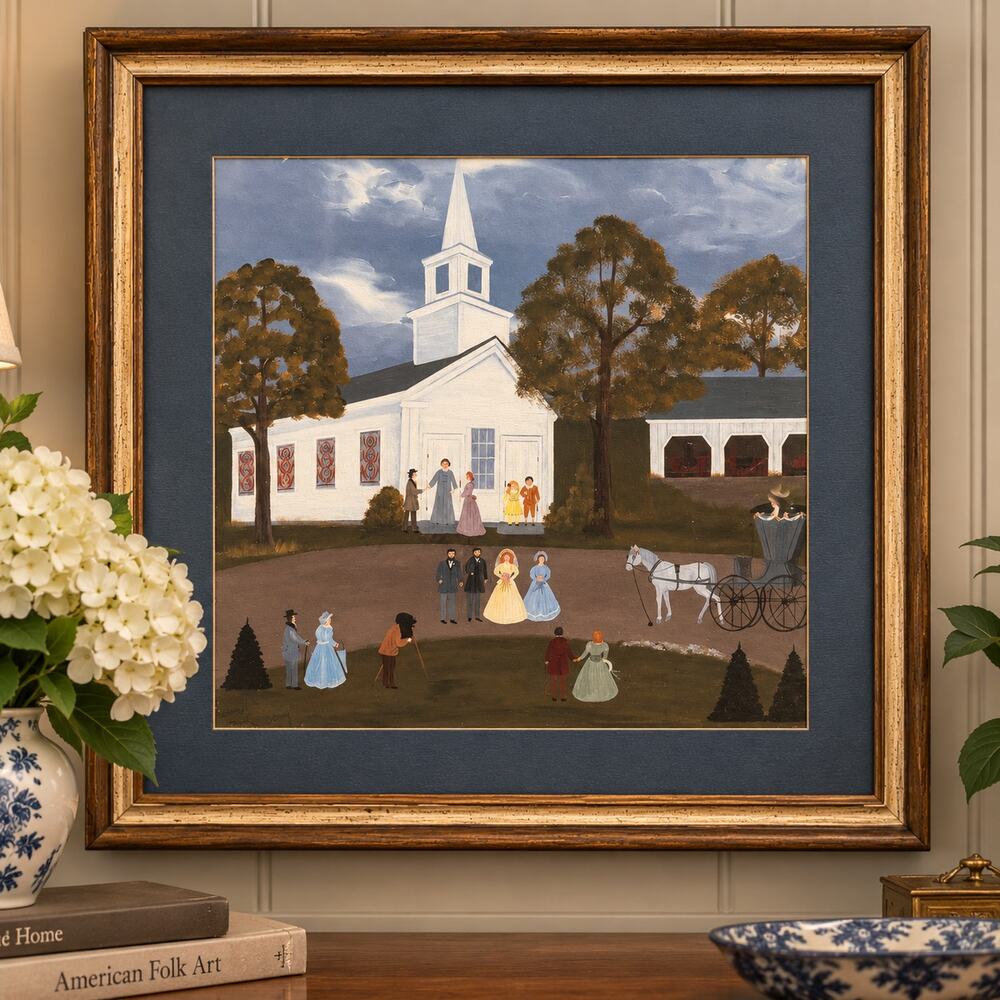 Jean Colquhoun Folk Art Wedding Church Horse Carriage Framed Americana
